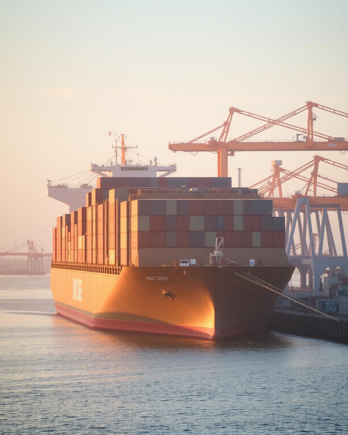 Container ship being loaded at an industrial port at sunrise
